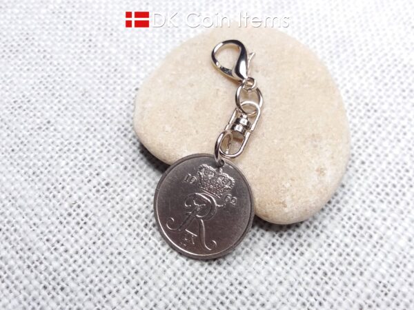 Denmark 1962 R-initial coin charm with 62 year old 25 ore as coin pendant on swivel unit and lobster claw clasp