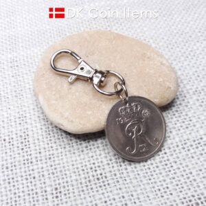 Denmark 1962 R-initial coin charm with 62 year old 25 ore as coin pendant on trigger clip with swivel base