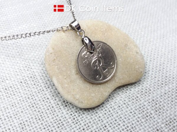 Denmark 1961 coin pendant necklace with 63 year old Crown R initial 25 ore. 63rd birthday gift. Danish vintage souvenir