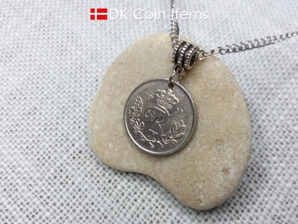 Denmark 1958 coin pendant necklace with 66 year old Crown R initial 25 ore as coin pendant. 66th birthday gift. Danish vintage souvenir