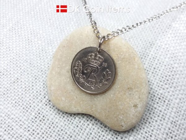 Denmark 1955 coin pendant necklace with 69 year old Crown R initial 25 ore as coin pendant. 69th birthday gift. Danish vintage souvenir