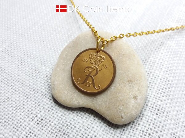 Denmark 1963 coin pendant necklace with Crown R initial. 61 year old 5 ore. 61st birthday gift. Danish vintage souvenir