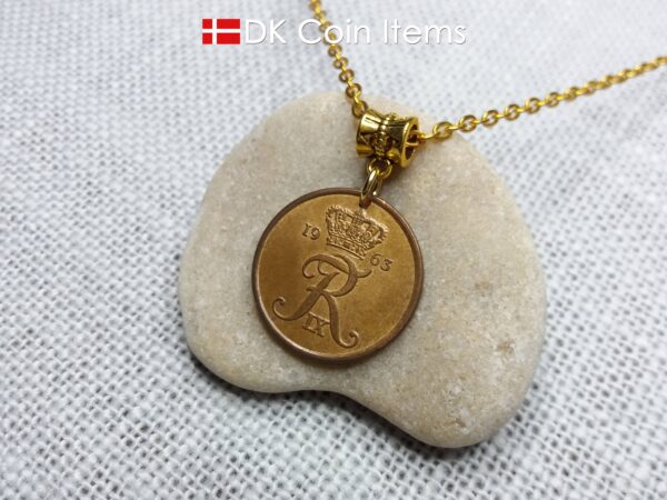 Denmark 1963 coin necklace with Crown R initial. 61 year old 5 ore pendant. 61st birthday gift. Danish vintage souvenir