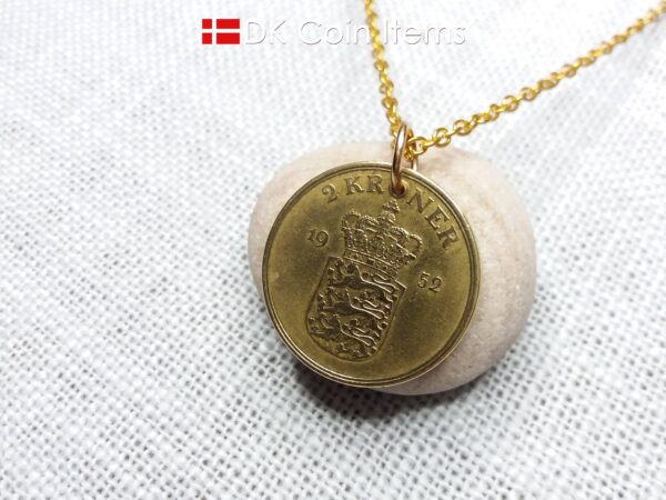 Denmark 1952 coin necklace with 72 year old golden Coat of Arms coin pendant with Royal Crown 2 krone. 72nd birthday gift. Vintage souvenir