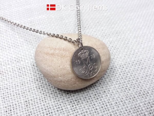 Denmark 1977 coin pendant necklace with Crown M initial. 47 year old 10 ore. 47th birthday gift. Danish vintage souvenir