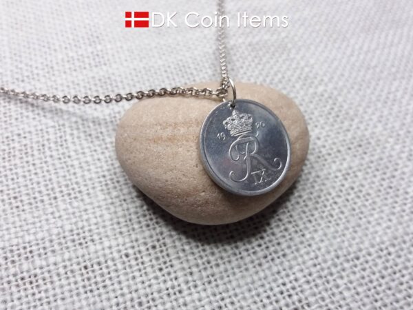 Denmark 1970 coin necklace with 54 year old Crown R initial 2 ore as coin pendant. Unique 54th birthday gift or Danish vintage souvenir