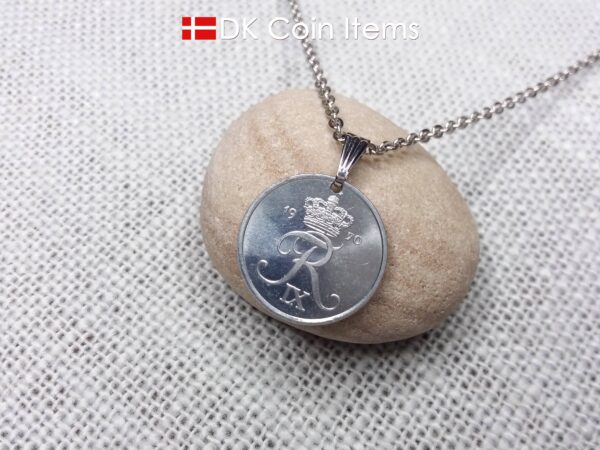 Denmark 1970 coin pendant necklace with 54 year old Crown R initial 2 ore. Unique 54th birthday gift or Danish vintage souvenir