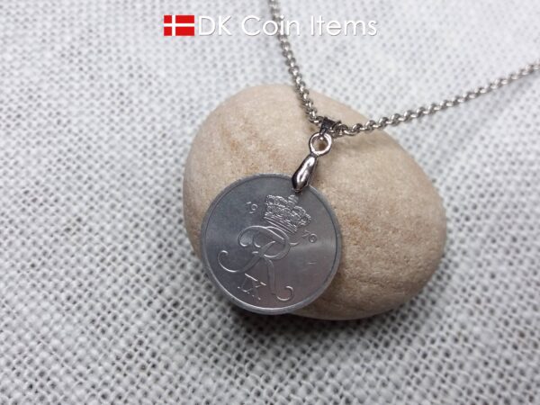 1970 coin pendant necklace with 54 year old Danish Crown R initial 2 ore. Unique 54th birthday gift or Danish vintage souvenir