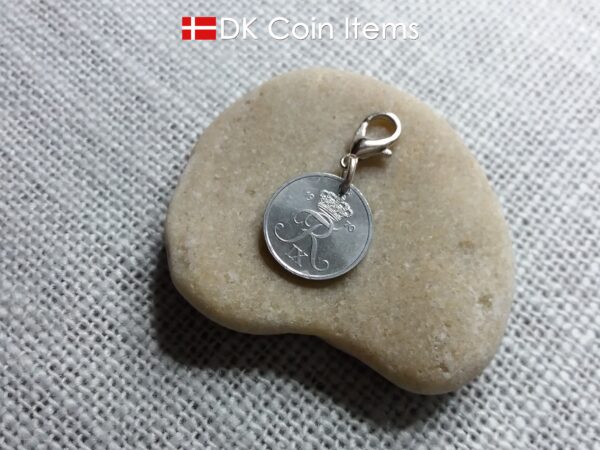 Denmark 1970 coin charm with 54 year old Crown R initial 1 ore as coin pendant. Unique 54th birthday gift or Danish vintage souvenir