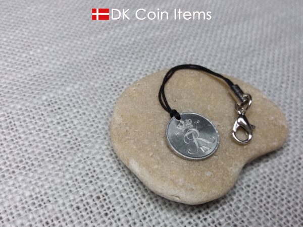 Denmark 1970 coin pendant charm with 54 year old Crown R initial 1 ore. Unique 54th birthday gift or Danish vintage souvenir