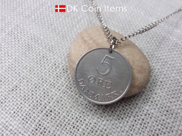 Danish 5 ore coin pendant necklace. 61 year old Crown R initial coin from Denmark 1963. Unique 5th anniversary gift or 61st birthday gift