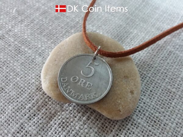 Coin necklace with Danish 5 ore 1963. Crown R initial on 61 year old coin from Denmark. Unique 5th anniversary gift or 61st birthday gift