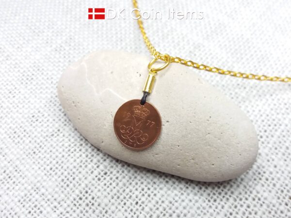 Denmark 1977 coin necklace with 47 year old Crown M initial 5 ore as coin pendant. 47th birthday gift. Danish vintage souvenir