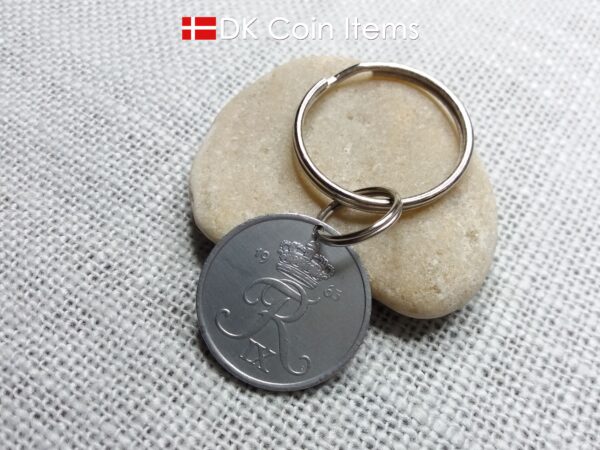 Denmark 1963 coin keychain with 61 year old Crown R initial 5 ore as coin pendant. Unique 61st birthday gift or Danish vintage souvenir