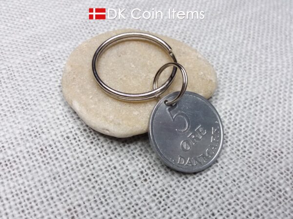 Danish 5 ore coin pendant keychain. 61 year old Crown R initial coin from Denmark 1963. Unique 5th anniversary gift or 61st birthday gift