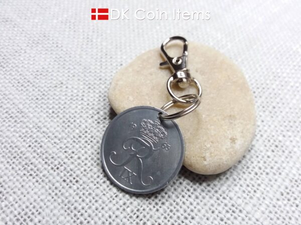 Denmark 1963 coin charm with 61 year old Crown R initial 5 ore as coin pendant. Unique 61st birthday gift or Danish vintage souvenir