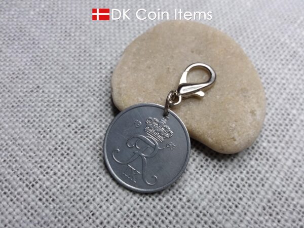 Danish Crown R coin keychain with 61 year old 5 ore 1963 as coin pendant on lobster claw. Vintage souvenir from Denmark