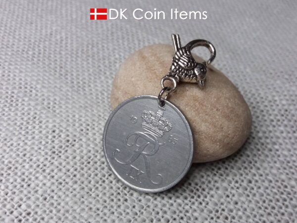 1963 Crown R coin charm with 61 year old 5 ore from Denmark as coin pendant on parrot trigger clip. Danish Vintage souvenir