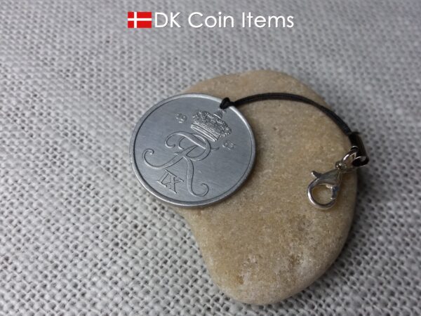 R initial coin charm with 61 year old 5 ore from Denmark as coin pendant on lariat cord strap. Danish 1963 vintage souvenir