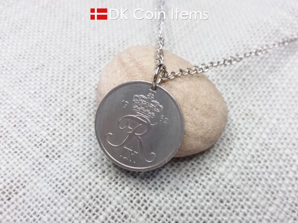 Denmark 1962 Crown R initial coin necklace with 62 year old 5 ore as coin pendant. Unique 62nd birthday gift or Danish vintage souvenir