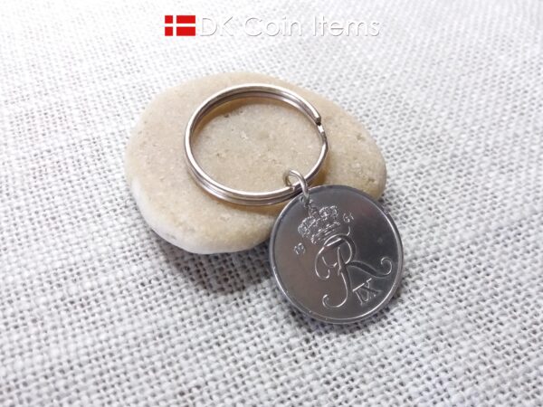 Denmark 1961 Crown R initial coin keychain with 63 year old 5 ore as coin pendant. Unique 63rd birthday gift or Danish vintage souvenir