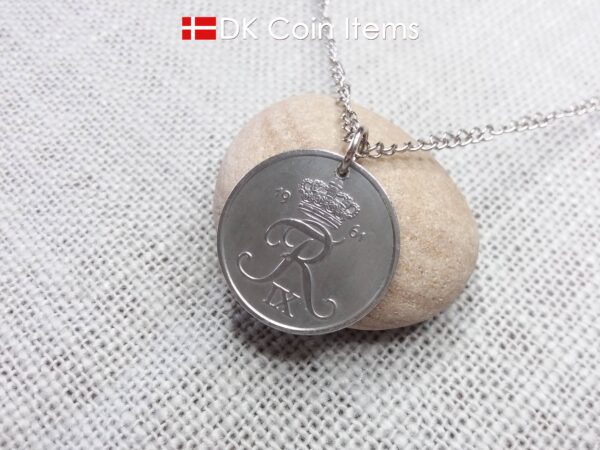 Denmark 1961 Crown R initial coin necklace with 63 year old 5 ore as coin pendant. Unique 63rd birthday gift or Danish vintage souvenir