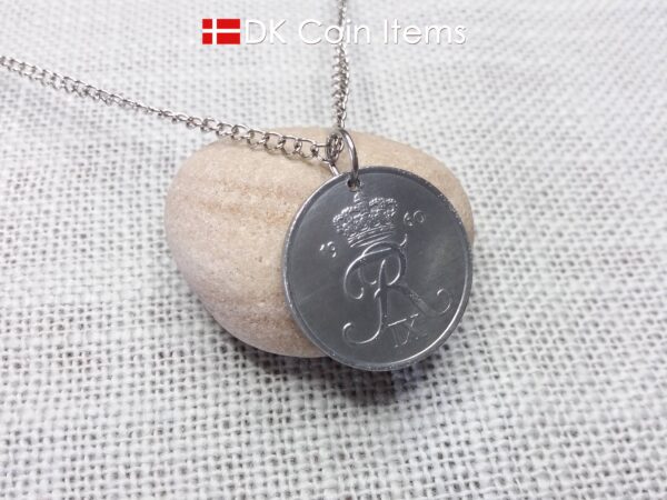 Denmark 1960 Crown R initial coin necklace with 64 year old 5 ore as coin pendant. Unique 64th birthday gift or Danish vintage souvenir