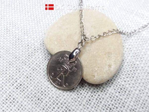 Crown R coin necklace with 63 year old Danish 5 ore 1961 as coin pendant on pinch bail. Vintage souvenir from Denmark