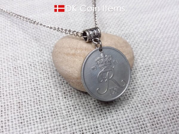 Denmark 1963 Crown R coin necklace with 61 year old 5 ore as coin pendant. Unique 61st birthday gift or Danish vintage souvenir