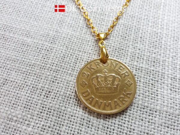 Denmark C-initial coin necklace with antique 1926 2 kroner as coin pendant. Golden 98 year old Danish Royal Crown coin. Unique souvenir gift