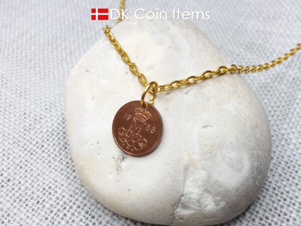 Denmark 1988 coin necklace with 36 year old Crown M initial 5 ore as coin pendant. 36th birthday gift. Danish vintage souvenir