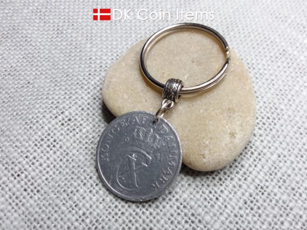 Denmark 1941 coin keychain with 83 year old Crown C initial 5 ore as coin pendant. 83rd birthday gift. Antique Danish vintage souvenir gift