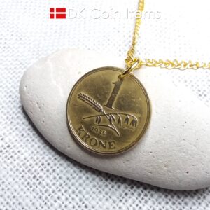 Denmark 1945 coin necklace with 79 year old golden 1 krone coin pendant. 79th birthday gift, 1st anniversary gift, Danish vintage souvenir