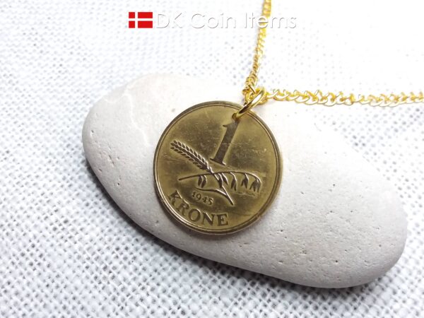 Denmark 1945 coin necklace with 79 year old golden 1 krone coin pendant. 79th birthday gift, 1st anniversary gift, Danish vintage souvenir