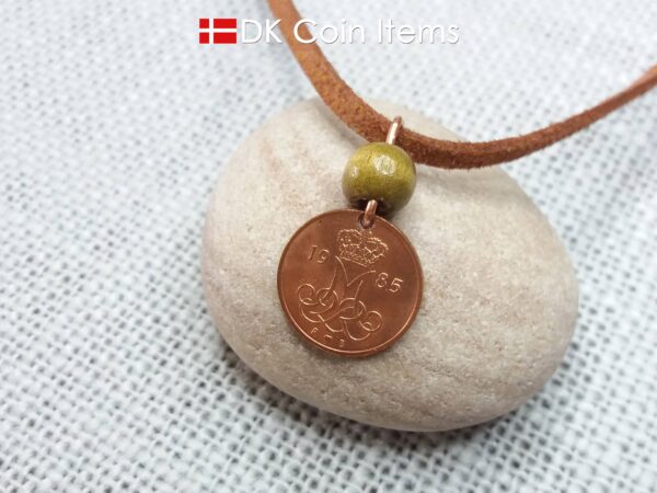 Crown M-initial 1985 coin necklace with 39 year old Danish 5 ore as coin pendant. 39th birthday gift. Danish vintage souvenir