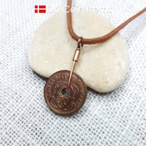 Antique Crown C-initial 1927 coin necklace with 97 year old Danish copper 2 ore as coin pendant in copper wire. Denmark Vintage souvenir