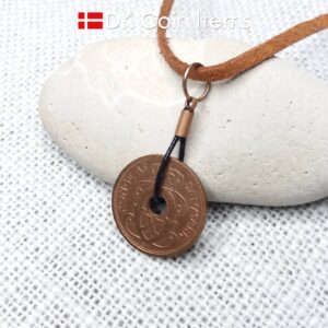 Antique Crown C-initial 1928 coin necklace with 96 year old Danish copper 2 ore as coin pendant in leather strap. Denmark Vintage souvenir