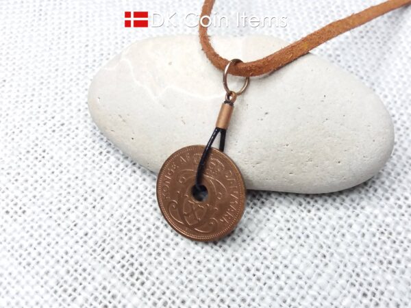 Antique Crown C-initial 1928 coin necklace with 96 year old Danish copper 2 ore as coin pendant in leather strap. Denmark Vintage souvenir