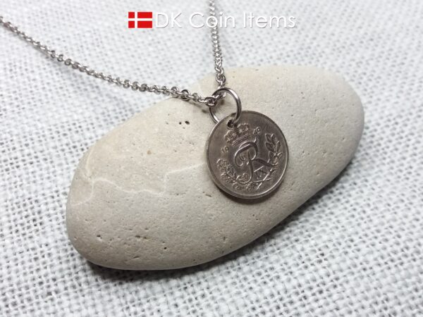 Denmark 1949 coin necklace with 75 year old Crown R initial 10 ore as coin pendant. 75th birthday gift. Danish vintage souvenir