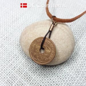 Antique Crown C-initial 1929 coin necklace with 95 year old Danish copper 2 ore as coin pendant in leather strap. Denmark Vintage souvenir