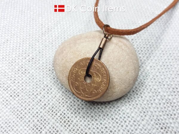 Antique Crown C-initial 1929 coin necklace with 95 year old Danish copper 2 ore as coin pendant in leather strap. Denmark Vintage souvenir