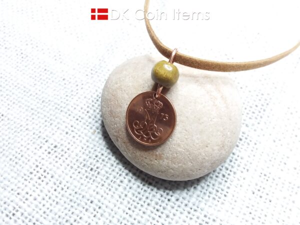 Crown M-initial 1973 coin necklace with 51 year old Danish 5 ore as coin pendant. 51st birthday gift. Danish vintage souvenir