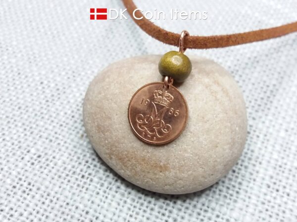 Crown M-initial 1986 coin necklace with 38 year old Danish 5 ore as coin pendant. 38th birthday gift. Danish vintage souvenir