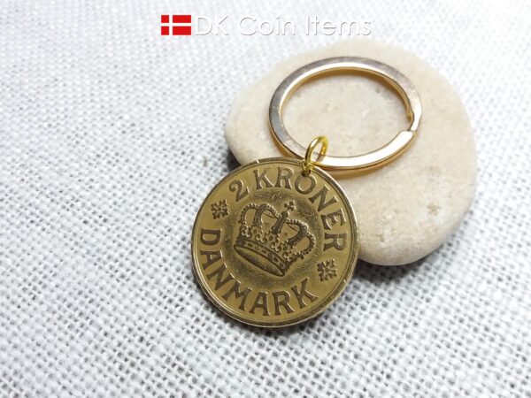 98 year old Crown C-initial coin keychain with golden 2 kroner 1926 from Denmark as coin pendant. Antique Danish vintage souvenir gift