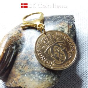 Golden 98 year old Crown C-initial coin charm/keychain with 2 kroner 1926 from Denmark as coin pendant. Antique Danish vintage souvenir gift