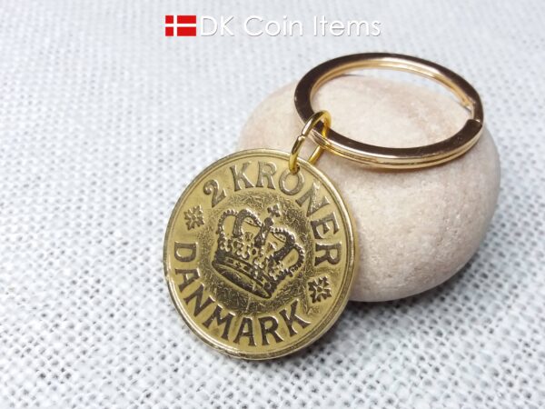 Crown C-initial coin keychain with golden 98 year old 1926 2 kroner from Denmark as coin pendant. Antique Danish vintage souvenir gift