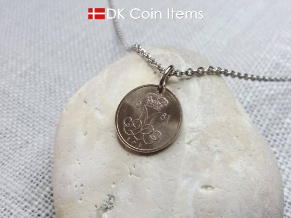 Denmark 1981 coin necklace with 43 year old Crown M initial 10 ore as coin pendant. 43rd birthday gift. Danish vintage souvenir