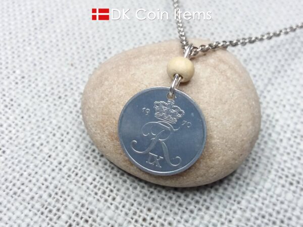 Crown R-initial 1970 coin necklace with 54 year old 2 ore from Denmark as coin pendant. 54th birthday gift. Danish vintage souvenir