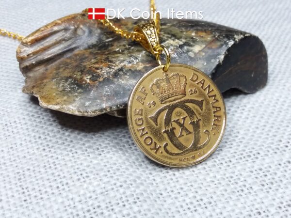 Crown C-initial coin necklace with golden 98 year old 1926 2 kroner from Denmark as coin pendant. Antique Danish vintage souvenir gift