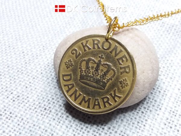 Crown C initial coin pendant necklace with an antique Danish golden 1926 coin (31mm/1¹/₄", 13 grams) on a gold plated ring. Denmark souvenir